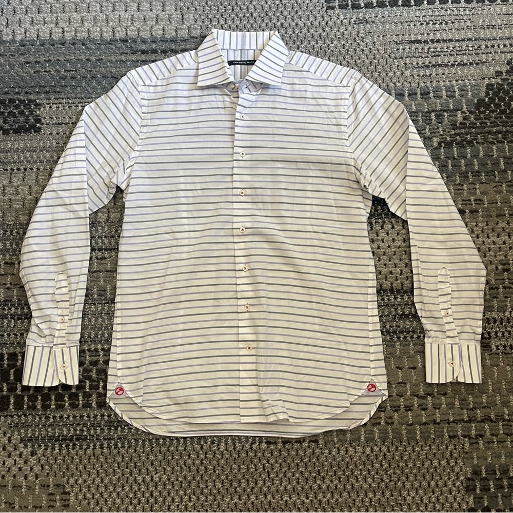 Men’s Hammer Made Long Sleeve Button Down Shirt, Gray Purple Stripes, Neck 16